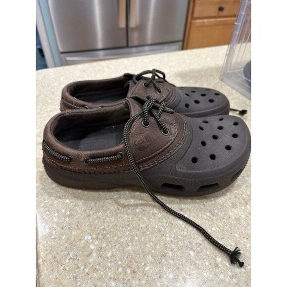 Men\'s Leather Slip-on Casual Lace up Crocs Sandals, Brown, Size 9, like new
